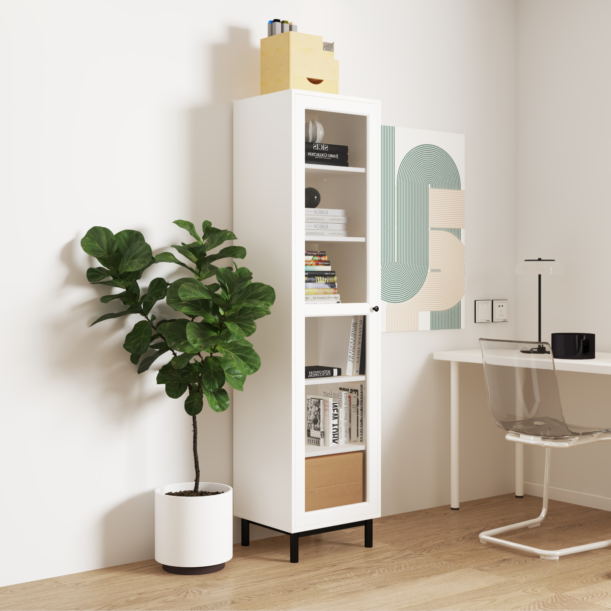 CATY , Kệ sách 6 tầng cửa kính size nhỏ - chân sắt , 45cm x 40cm x 180cm , KSA_018