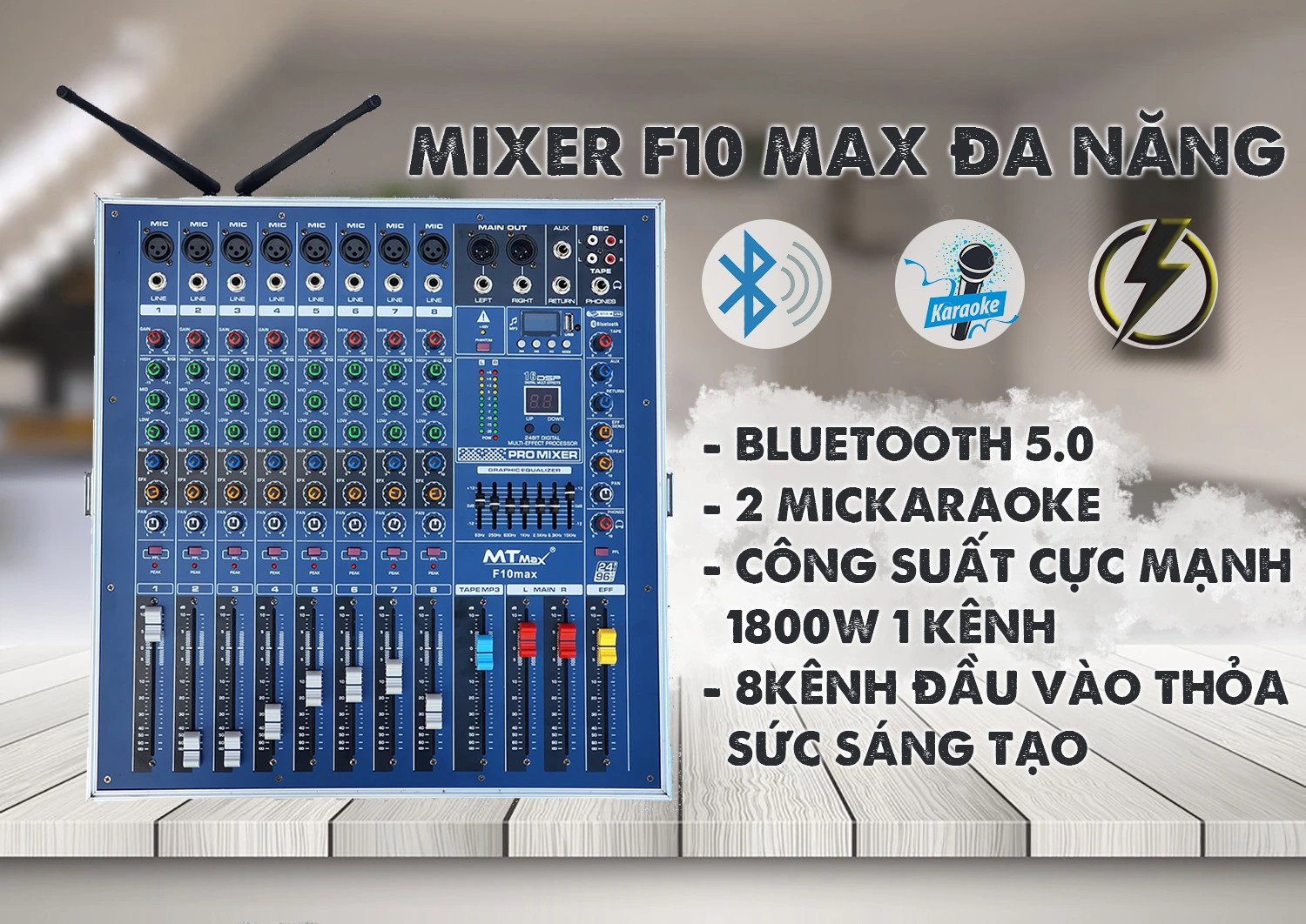 Mixer MTMAX F10 MAX liền công suất cực khủng chuyên nghiệp tích hợp nhiều chức năng- chuyên sân khấu, karaoke phòng trà, quán bar