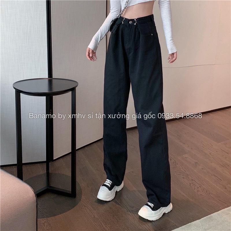 Quần jean nữ phối khuy gài eo cạp cao phong cách Ulzzang Hàn Quốc thời trang quần jean nữ cài eo 969
