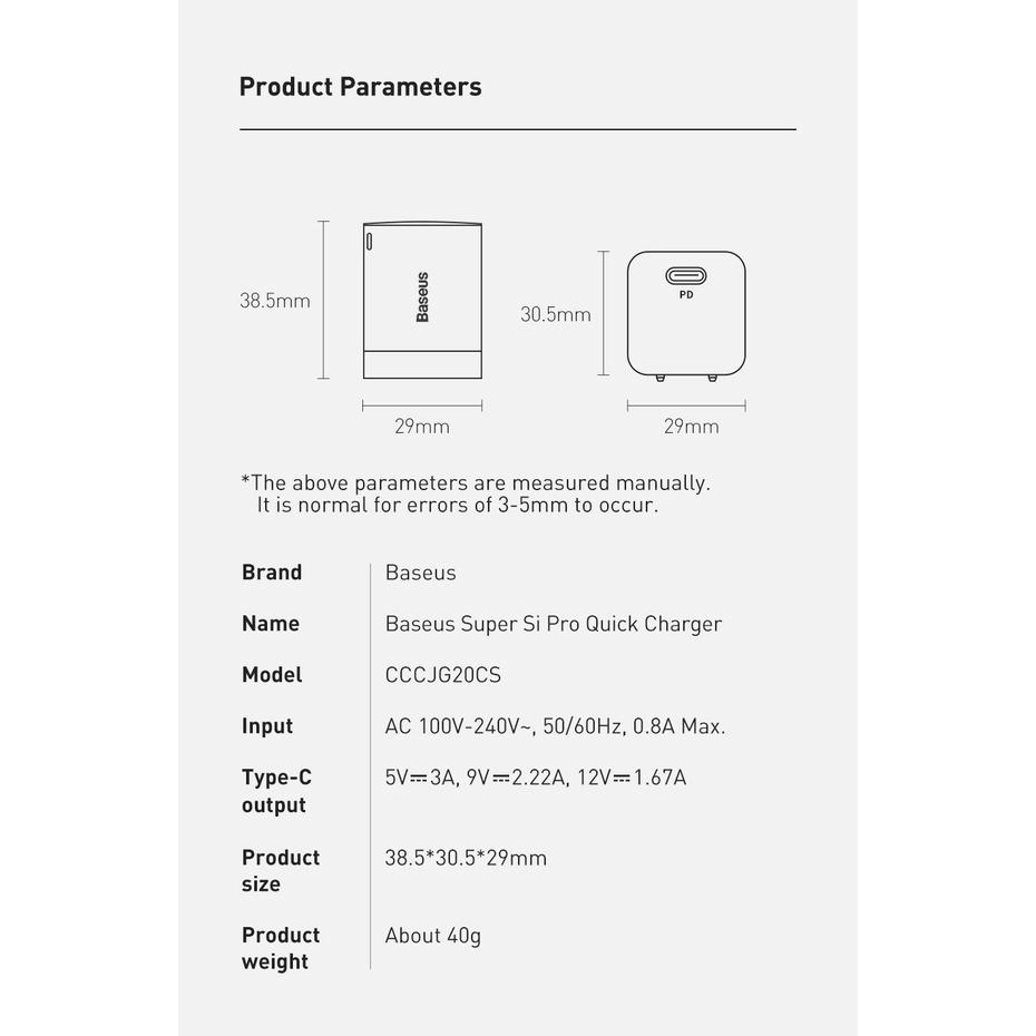 Bộ sạc nhanh nhỏ gọn Baseus Super Si Pro Quick Charger 1C 20W (PD/ QC/ PPS/ SCP/ FCP Multi Quick Charge Protocol, Type C (Hàng chính hãng)