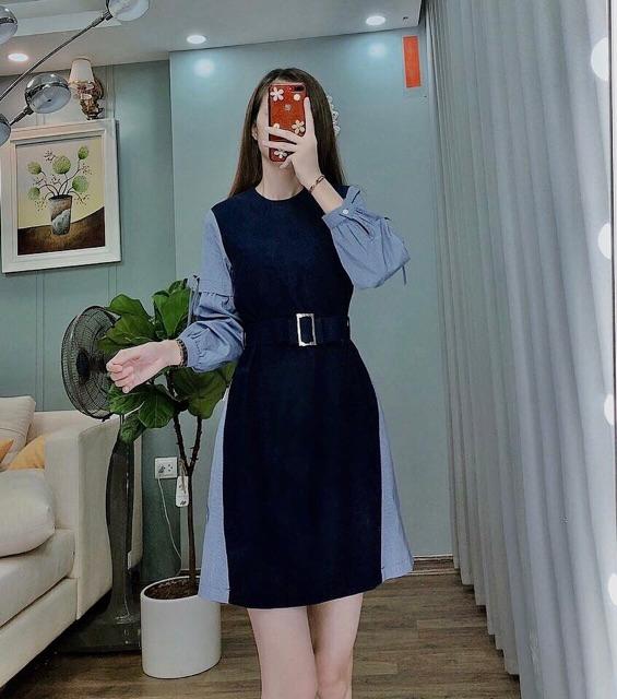 Đầm cổ tròn phối tay kẻ kèm đai