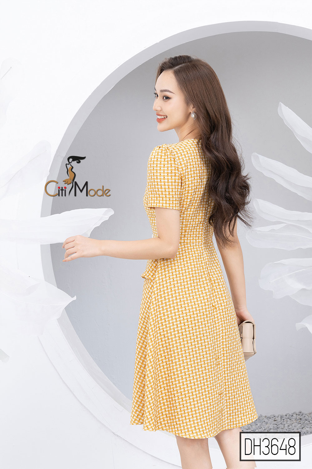 Đầm xòe peplum công sở vàng CITI MODE phối cúc lệch DH3648