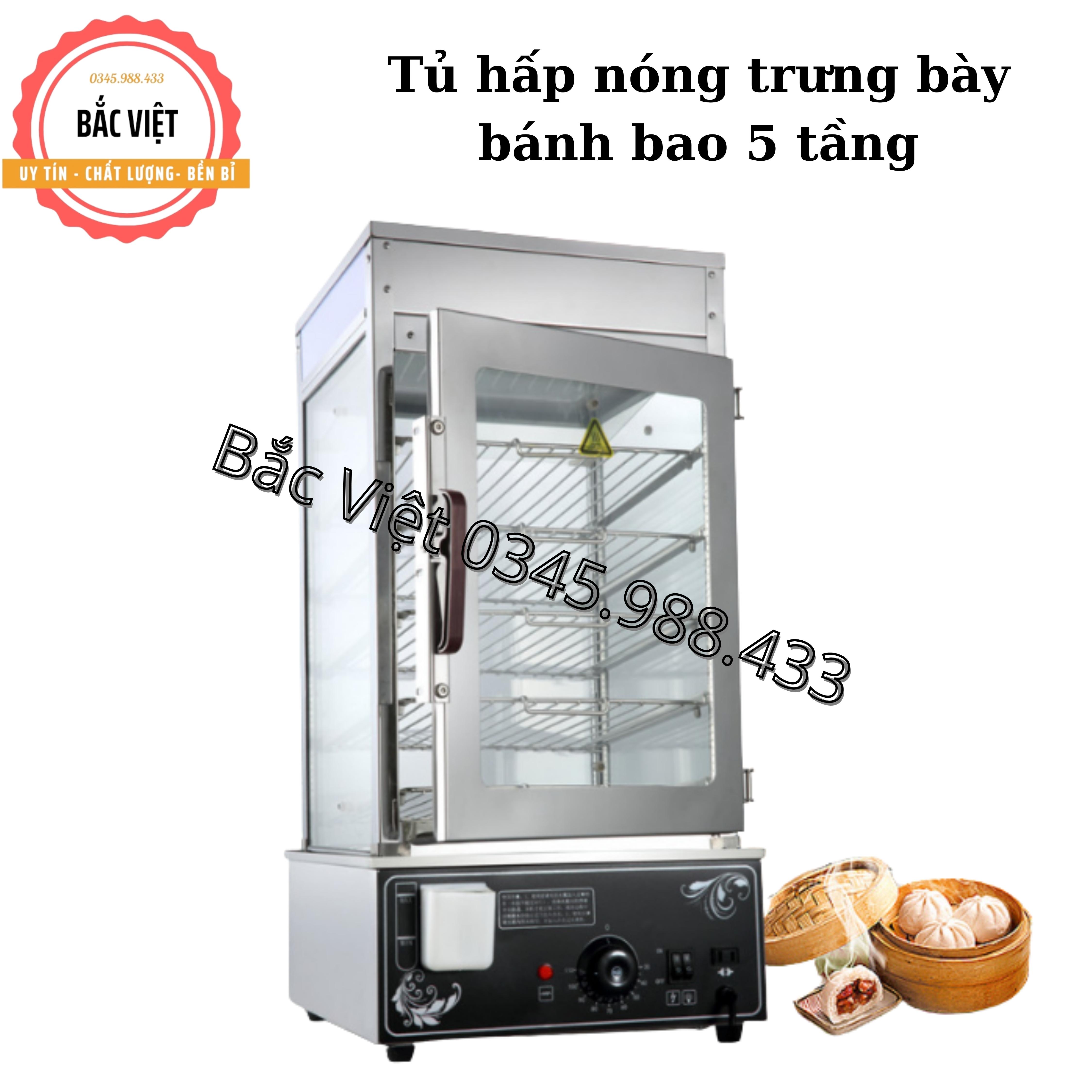 Tủ hấp nóng trưng bày bánh bao loại 5 tầng kính 2 lớp chống đọng nước, chống ướt nhão bánh