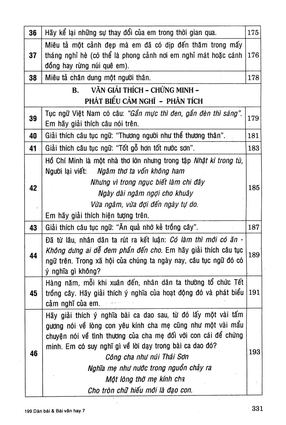 199 Dàn Bài Và Bài Văn Hay Lớp 7 - Tái Bản