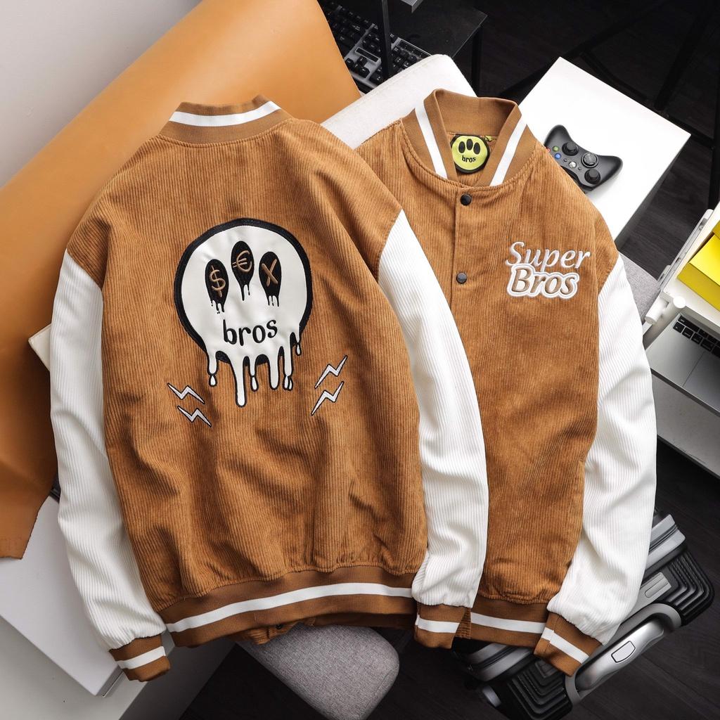 Áo Bomber Nhung Gân Thêu BROS Chất Nhung Mịn Đẹp Form rộng Unisex Nam Nữ Couple jacket Varsity Graffiti