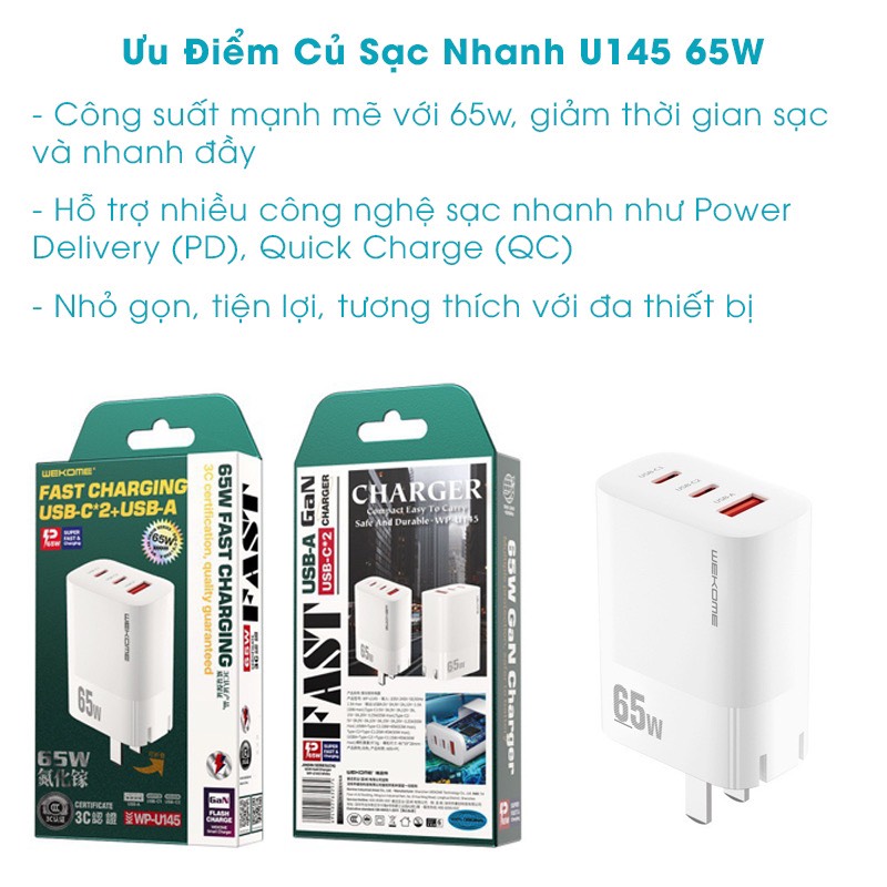 Củ Sạc Nhanh Đa Năng 65W WEKOME - WP U145, 2 Cổng C - 1 USB - Hàng Chính Hãng