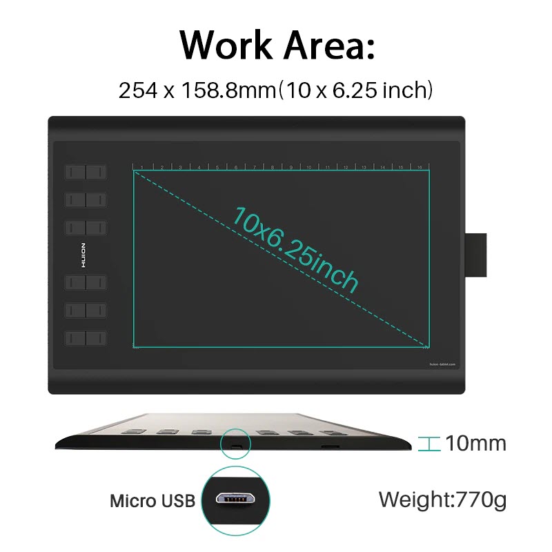 Quà Tặng Kèm - Bảng vẽ cảm ứng Huion H1060P với bút PW100 không cần dùng pin có thể dùng cho điện thoại Android Hàng Chính Hãng HUION H1060P Graphic Tablet 8192 Pen Pressure Battery-Free Digital Stylus Drawing Tablet OTG Adapter Android Phone Connection