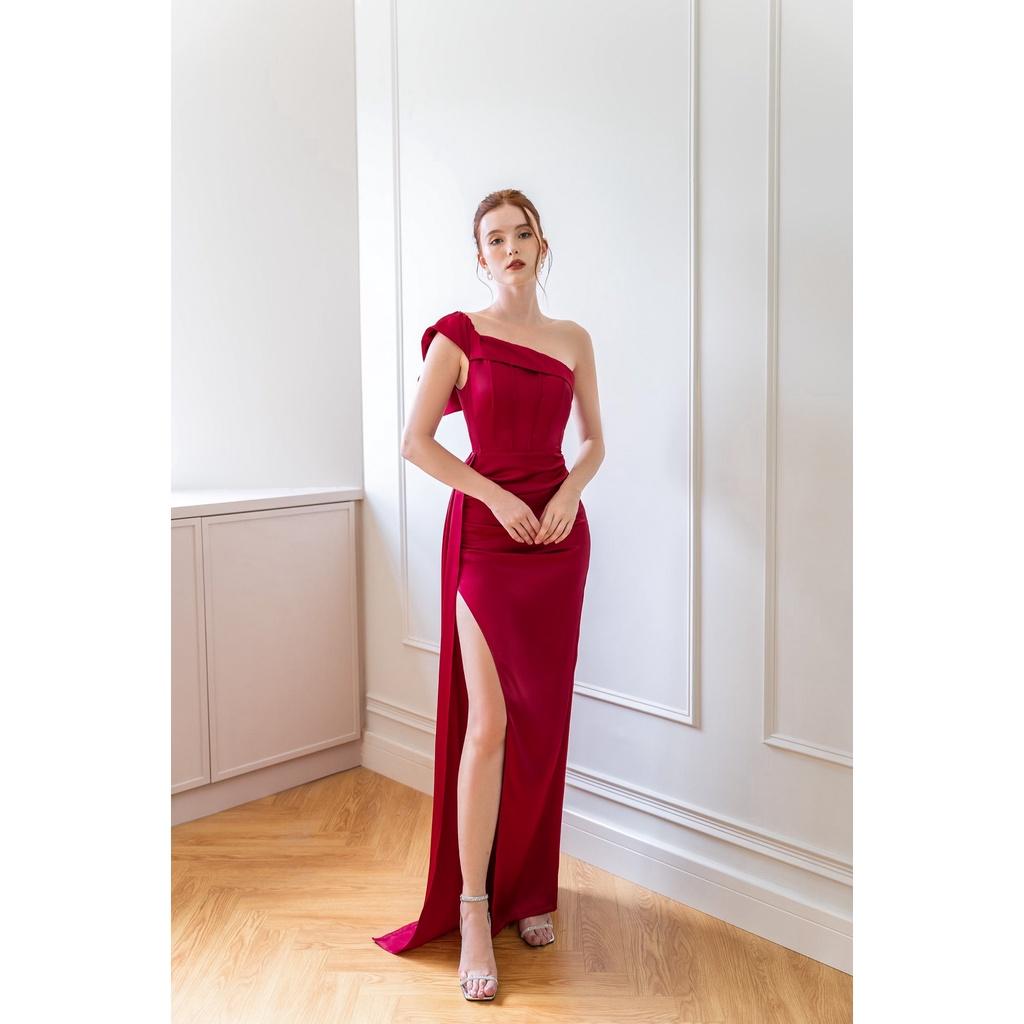 STORY Đầm Scarlett dự tiệc chéo vai sang trọng xẻ tà lụa satin cao cấp thời trang nữ Story.clothes
