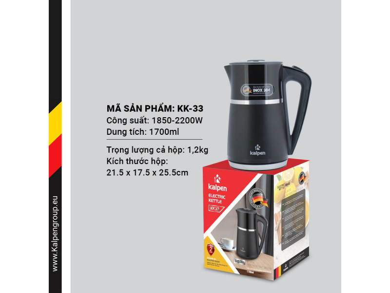 Ấm siêu tốc inox 304 Kalpen KK33 màu đen 3 lớp dày dặn, hàng chính hãng công suất lớn