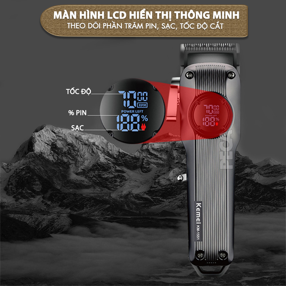 Tông đơ cắt tóc chuyên nghiệp Kemei KM-1551 công suất mạnh 5W màn hình LCD sạc nhanh USB type C tiện lợi - Chính hãng