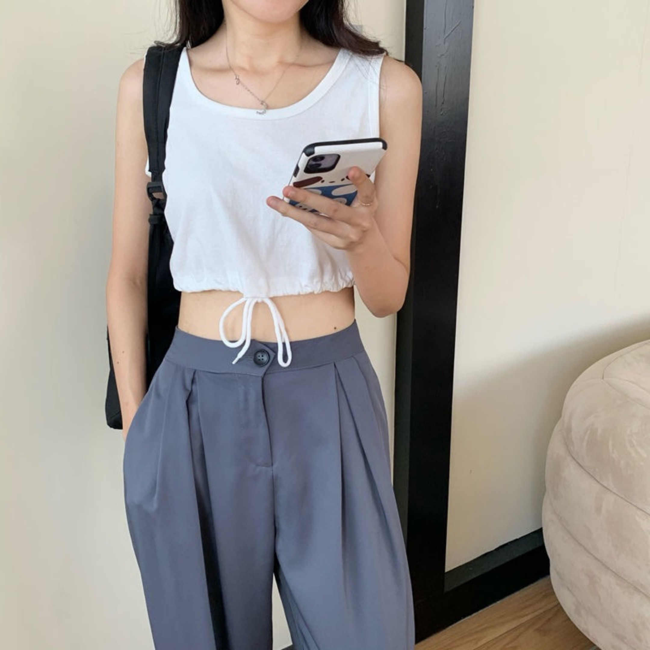 Áo Thun Croptop Ba Lỗ Rút Eo BASIC Thể Thao, Năng Động