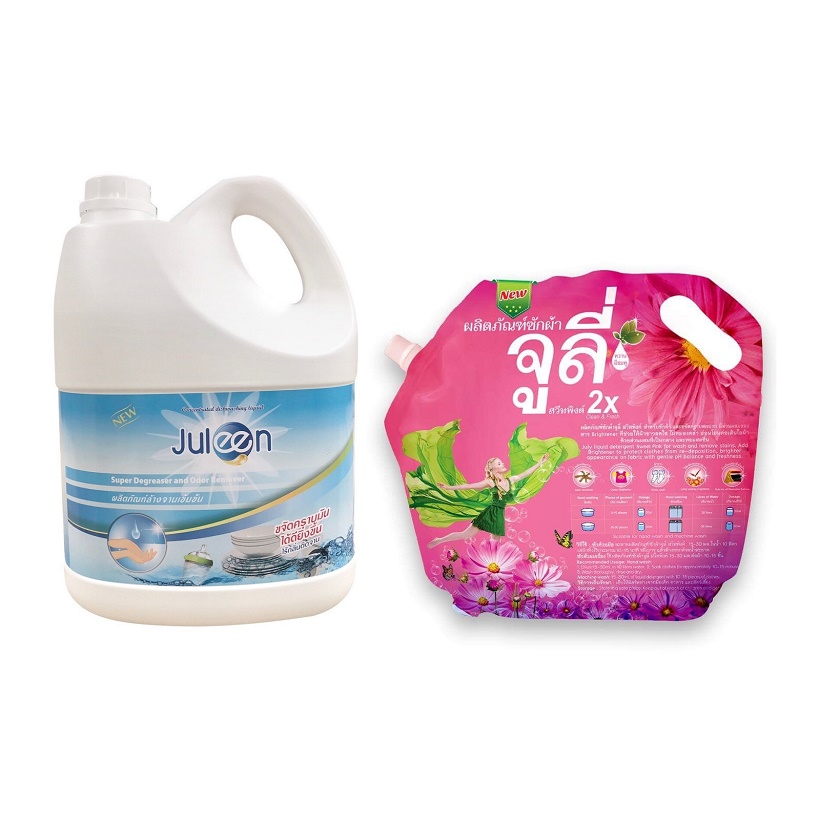Combo Nước rửa chén bát diệt khuẩn, không mùi Juleen 3500ml + Nước giặt xả July 2X Sweet Pink 1800ml hàng nhập khẩu Thái Lan