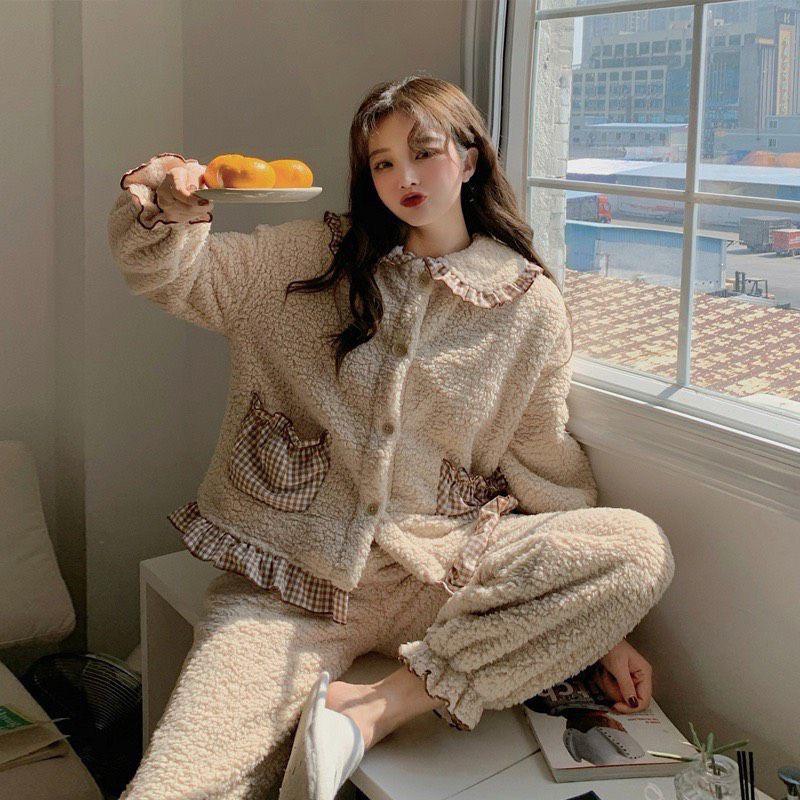 Bộ Pyjama Nữ Cute Vải Lông Cừu Dài Tay