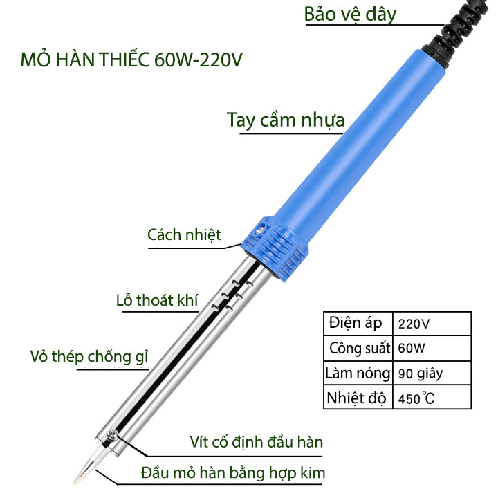 Mỏ hàn thiếc 60W-220V, nhiệt độ lên tới 450 độ C