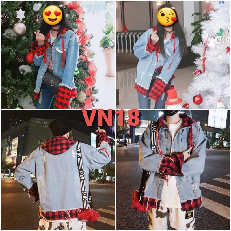 ÁO KHOÁC JEANS NAM phối sơmi đỏ nam nữ