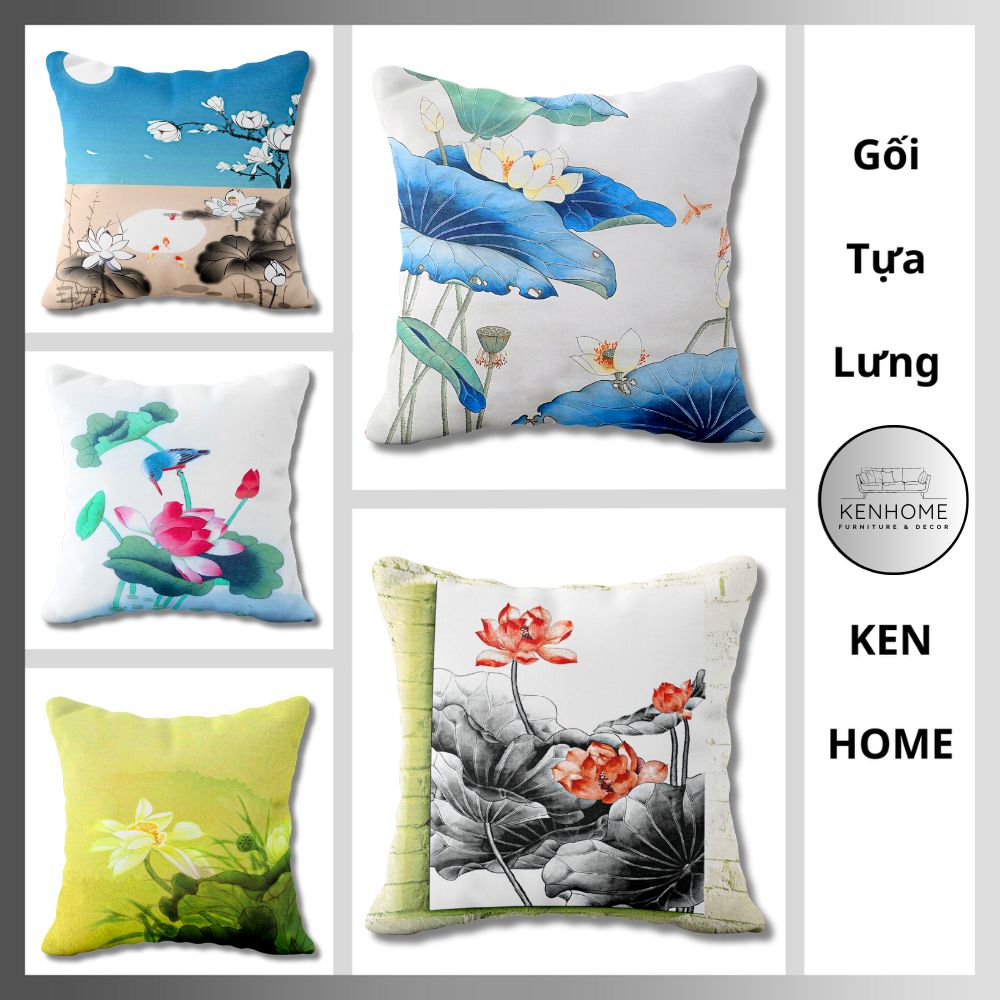 Gối Sofa Họa Tiết Hoa Sen - Gối Tựa Lưng Sofa Phong Cách Sang Trọng Trang Trí Nhà Cửa - Vải Bố Cao Cấp - Kích Thước 45x45cm