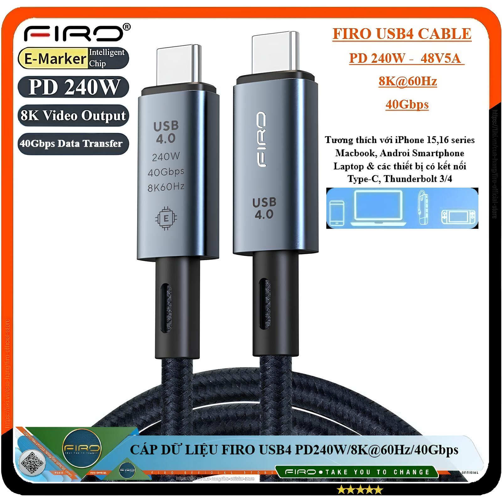 Cáp Sạc Nhanh USB Type C to Type C PD 240W - Dây Cáp Dữ Liệu FIRO USB4 CABLE - Sạc Nhanh PD 240W, Truyền Dữ Liệu 40Gbps, Video 8K60Hz - 48V@5A PD240W/8K60Hz/40Gbps - Dài 1,5 Mét - Dùng Cho iPhone 15 Series, Macbook, Laptop, Smartphone - Hàng Chính Hãng