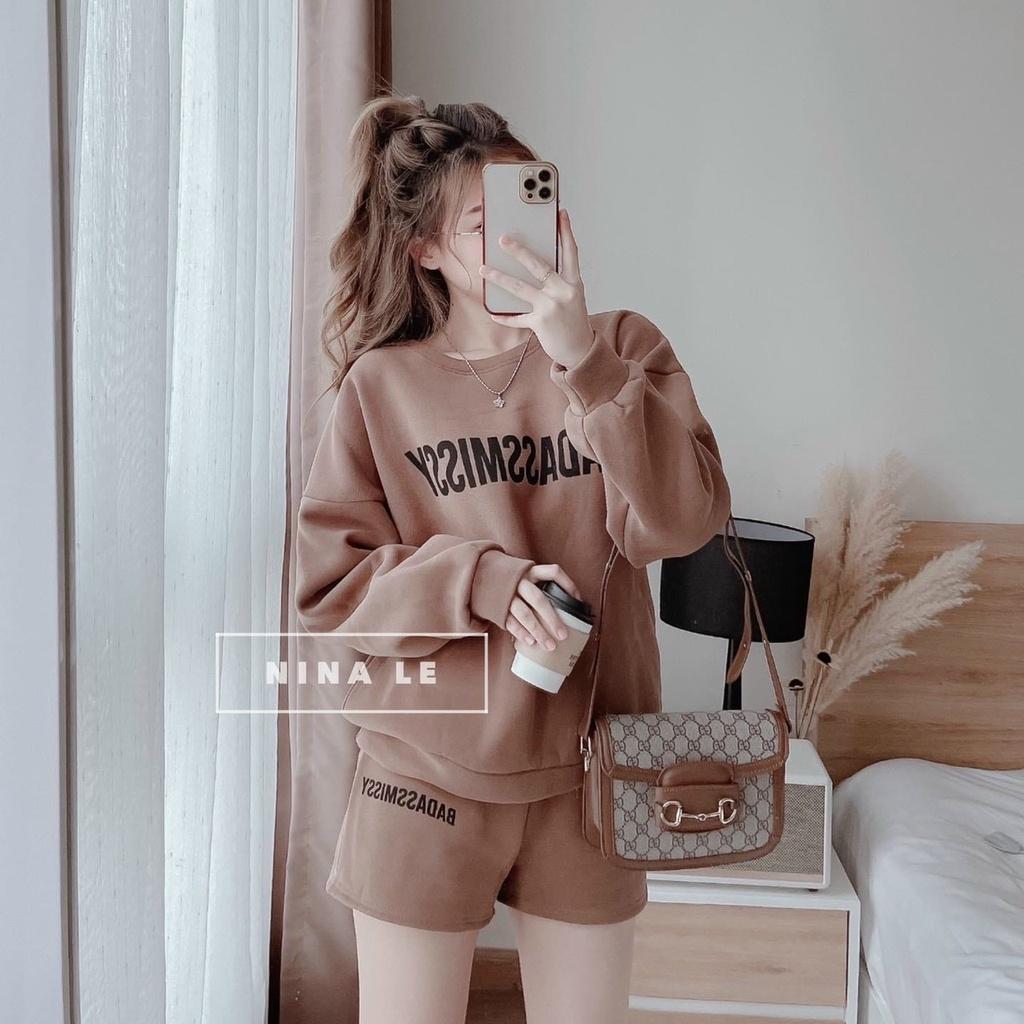 Sét bộ nỉ bông nữ áo tay dài in họa tiết chữ phối quần short xinh xắn, trẻ trung phù hợp cho nàng dạo phố siêu sang