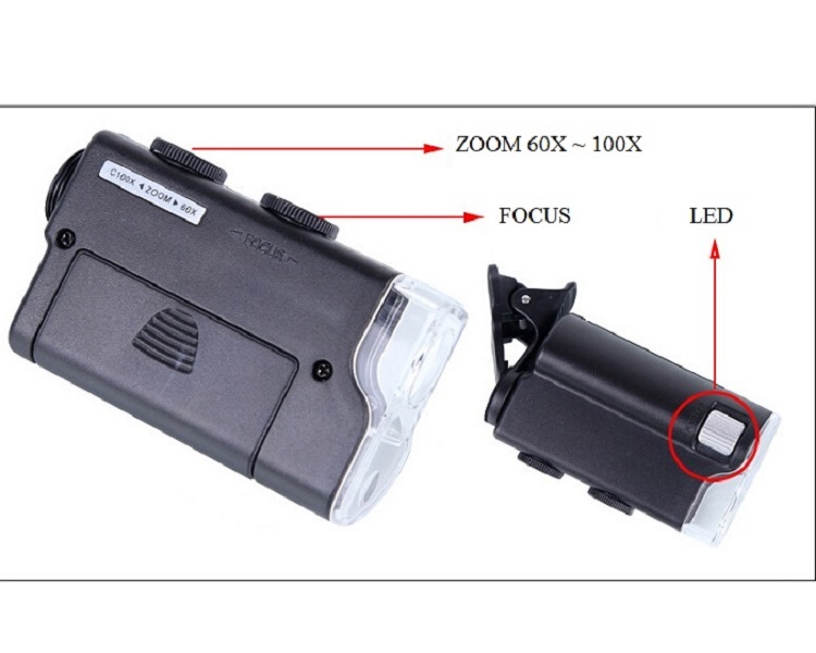 Kính lúp dạng kẹp phóng đại 60-100 lần cao cấp có bao da bảo vệ tích hợp 2 loại đèn led ( Tặng kèm pin )