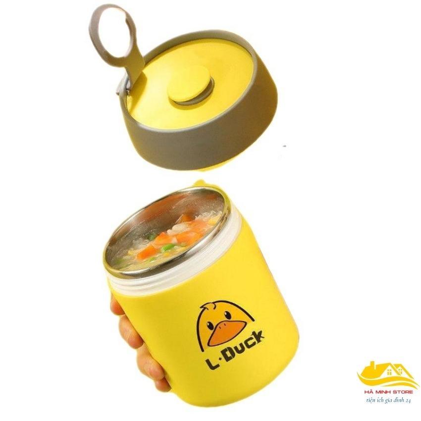 Bình Ủ Cháo Giữ Nhiệt LDuck 2 Lớp Ruột Inox, Hũ Ủ Cháo Vịt Vàng Kèm Muỗng Có Quai Xách Ca Ủ Cháo Con Vịt