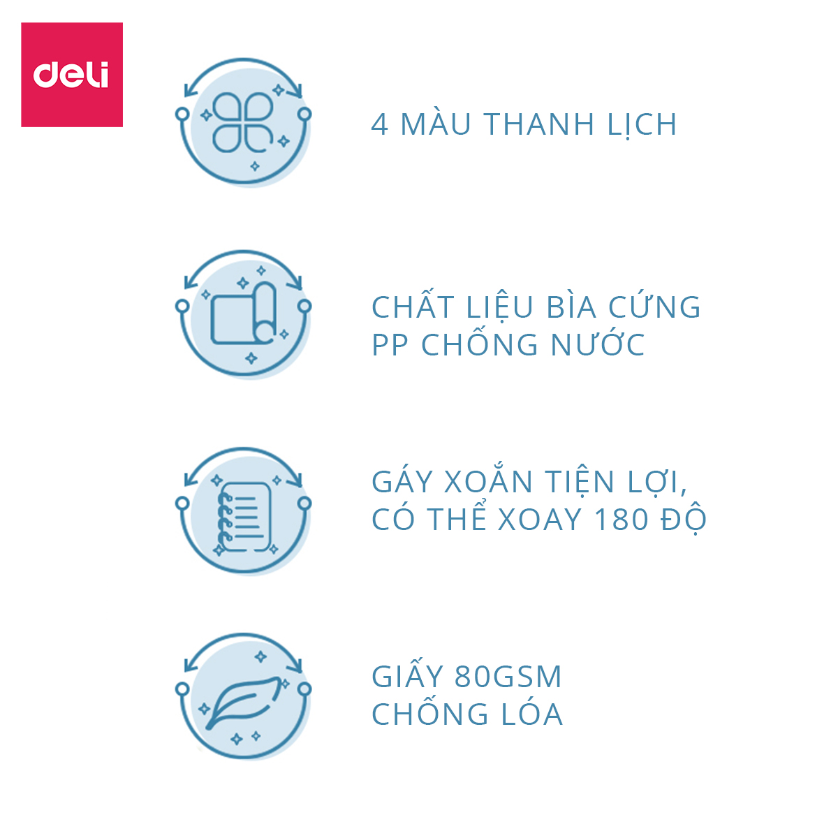 Sổ tay ghi chép lò xo màu pastel Deli - Giấy kẻ ngang 80 trang khổ A5 / B5 - Phù hợp làm sổ kế hoạch, sổ nhật kí, tập vở ghi chép - 24202 / 24203