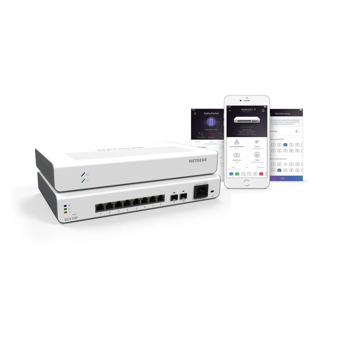 Bộ Chia Mạng Để Bàn/Gắn Rack 8 Cổng 10/100/1000M PoE+ Và 2 Cổng Quang 1G SFP Quản Trị Qua Cloud Insight Managed Gigabit Ethernet Smart Cloud Switch Netgear GC510P - Hàng Chính Hãng