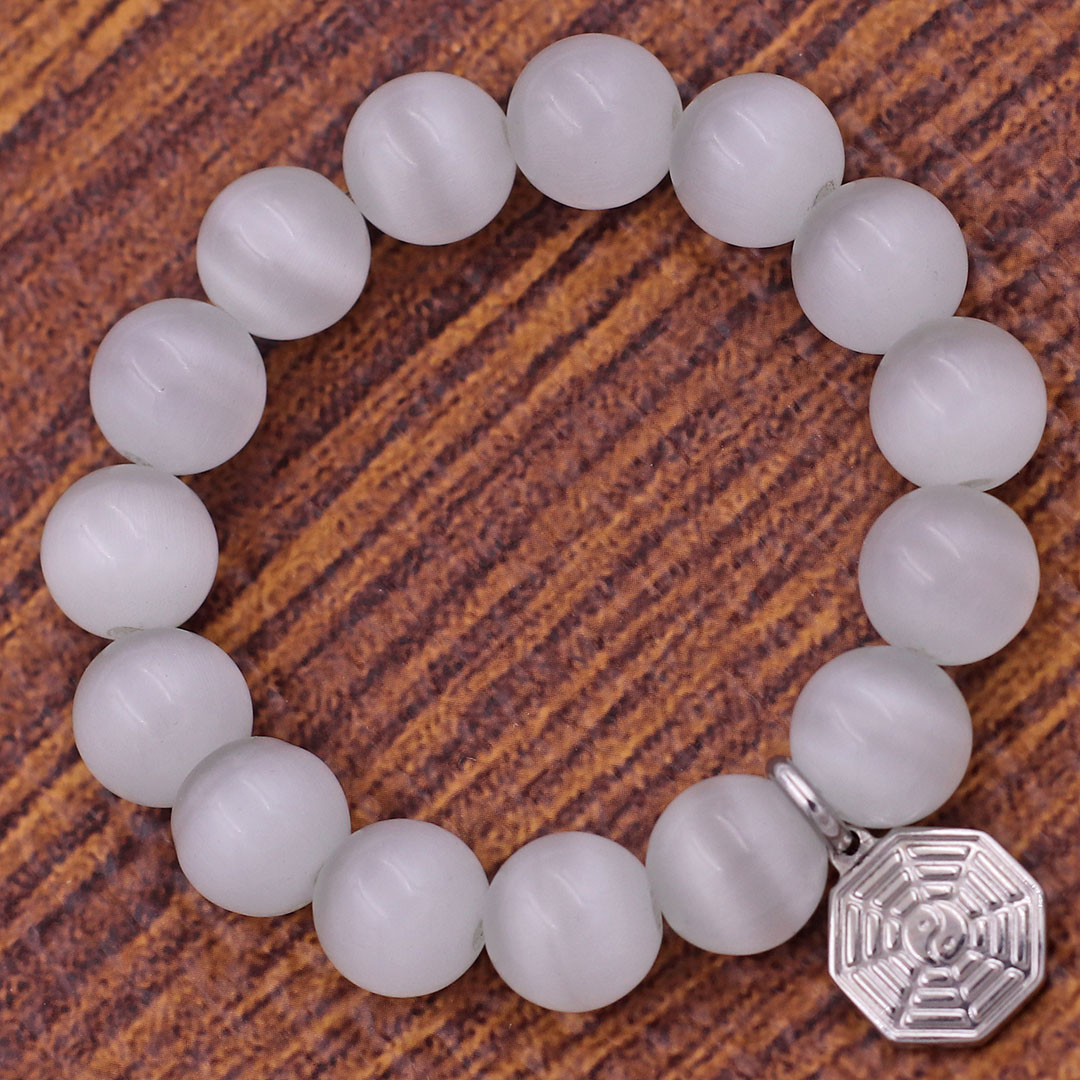 Vòng chuỗi đeo tay đá mắt mèo trắng charm bát quái inox, vòng tay hạt chuỗi, vòng chuỗi phong thủy, vòng tay nam nữ
