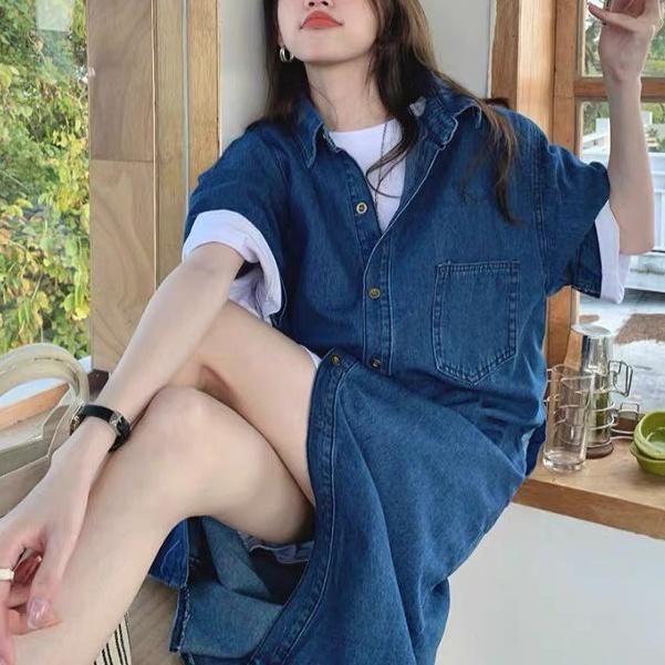 Váy sơ mi Jeans dáng dài, váy jean dài tay dáng rộng, mẫu mới A17