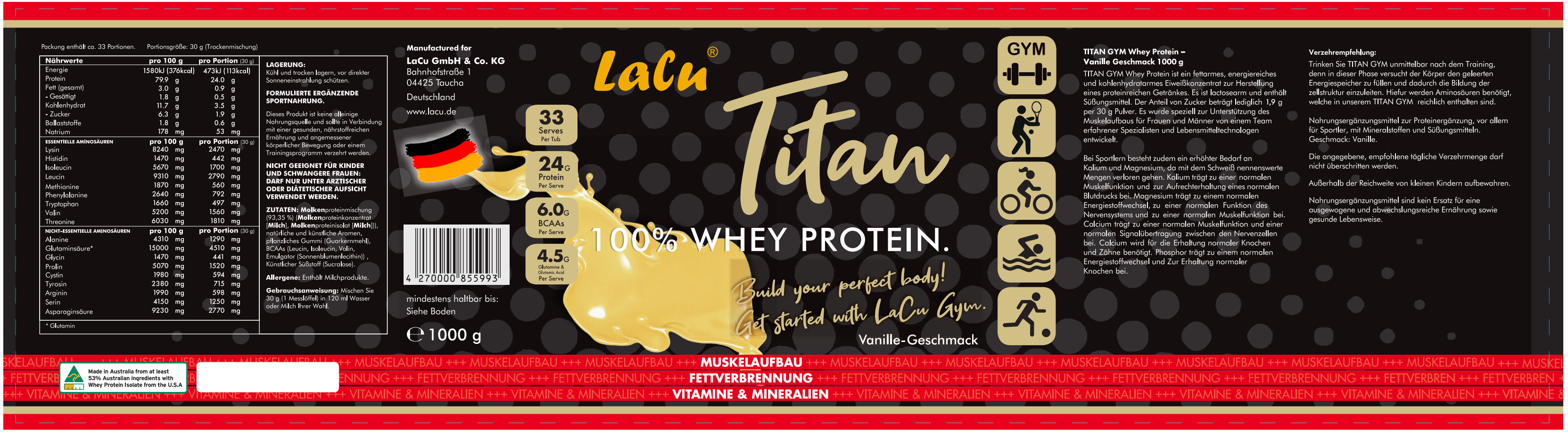 Bột đạm Lacu Whey Protein Vị vani Trọng lượng 1kg - Hỗ trợ tăng cơ đốt mỡ - Hàng chính hãng nhập khẩu nguyên hộp