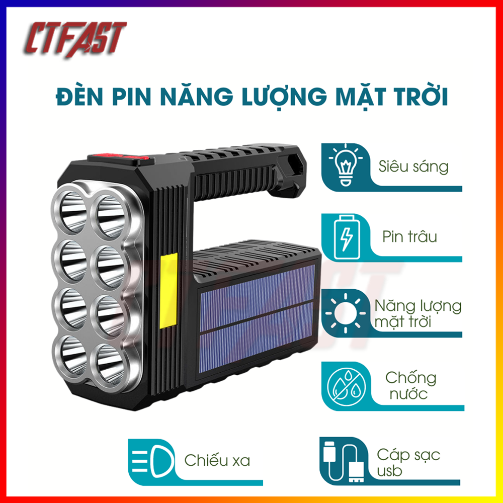 Đèn pin cầm tay siêu sáng 4 chế độ CTFAST W5117 : Tích hợp 8 COB LED chiếu xa lên tới 50 mét, chống thấm nước, dung lượng pin lớn có thể sạc usb kết hợp năng lượng mặt trời an tâm khi đi đêm, du lịch, cắm trại, cứu hộ