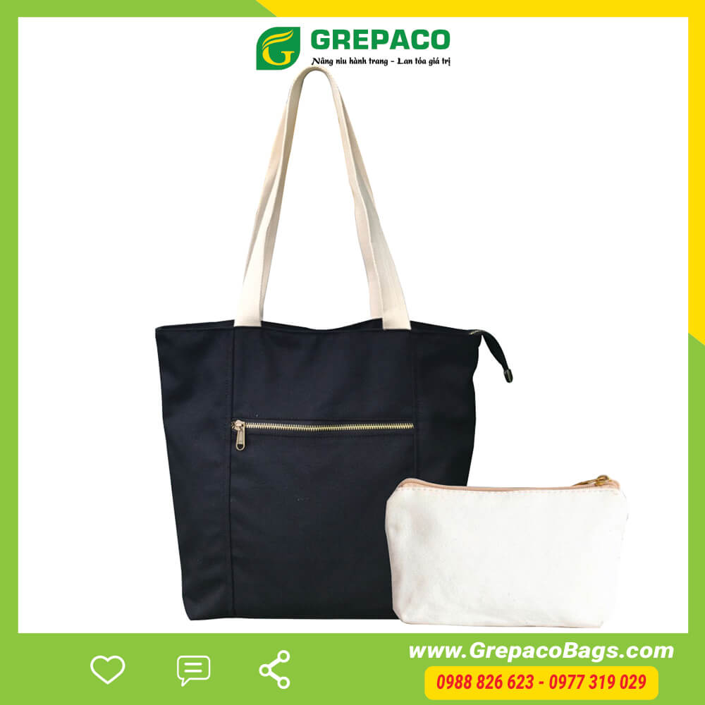 Túi Tote Xách Nữ Grepaco Vải Bố Canvas Cao Cấp Màu Đen Đẹp Đeo Chéo Vai Có Khóa Kéo Nhiều Ngăn Dùng Đi Học, Làm Công Sở, Du Lịch Phong Cách Thời Trang Hàn Quốc - Tặng Túi Đựng Mỹ Phẩm