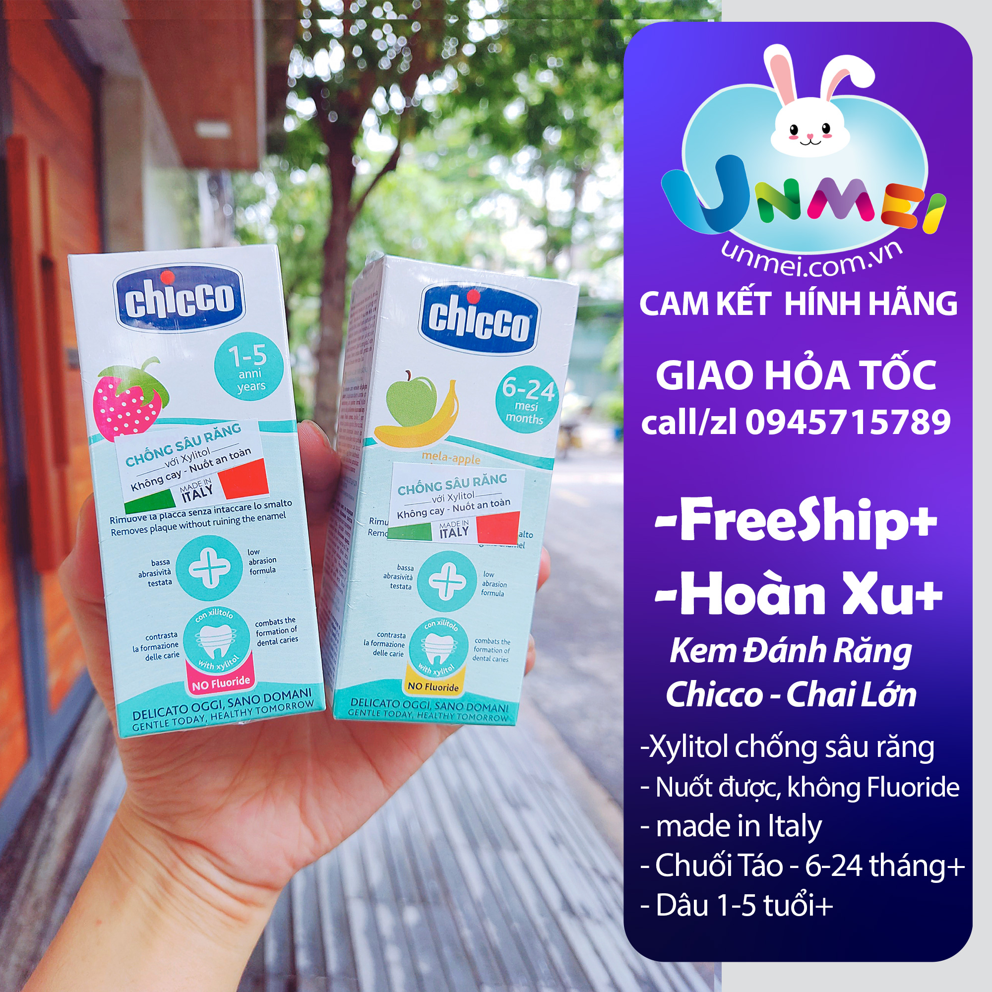 Kem Đánh Răng Chicco Dành Cho Trẻ Em Hương Dâu (1-5 tuổi), Hương Chuối Táo (6 - 24 tháng) Dung Tích 50ml