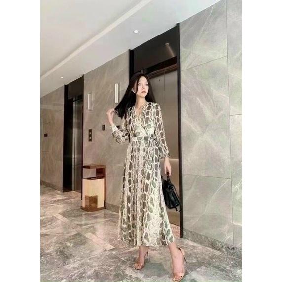 Đầm lụa xoè cột dây Hoạ tiết da rắn ,nhập cao cấp