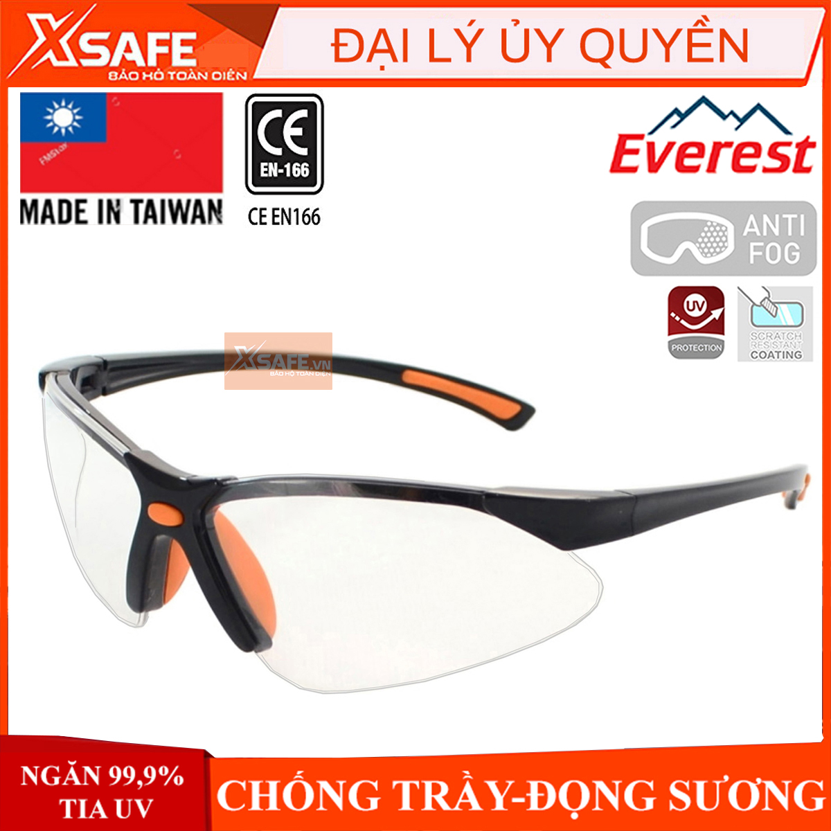 Kính bảo hộ lao động Everest EV301 - Mắt kính chính hãng chống bụi, chống trầy xước, chống tia UV (tròng trắng)