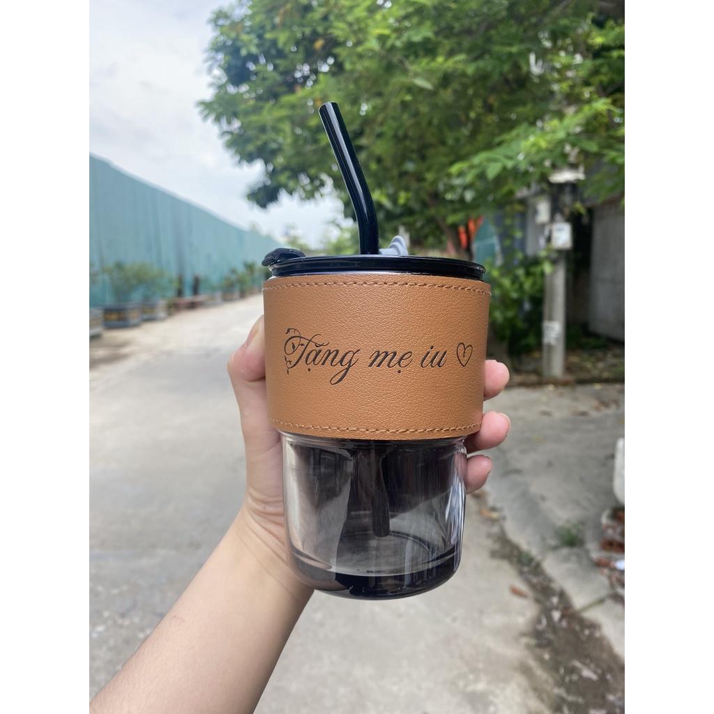Sỉ 22k- Cốc thuỷ tinh vỏ da có nắp và ống hút, ly uống nước đẹp dung tích 450ml