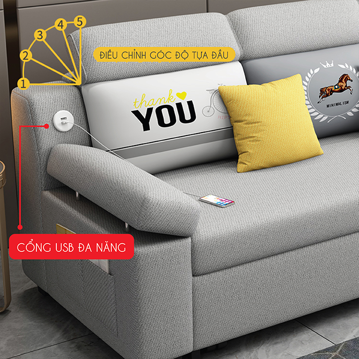 Giường Ngủ Sofa Gấp Gọn Thành Ghế Sofa. Ghế Sofa Giường. Giường Sofa Vải Lanh Cao Cấp Có Ngăn Chứa Đồ, Cổng Sạc USB. Tặng Kèm Gối Cùng Tone