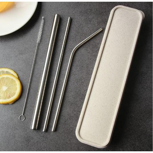 Bộ 3 ống hút kim loại Inox 304 kèm túi hoặc hộp lúa mạchDuashop