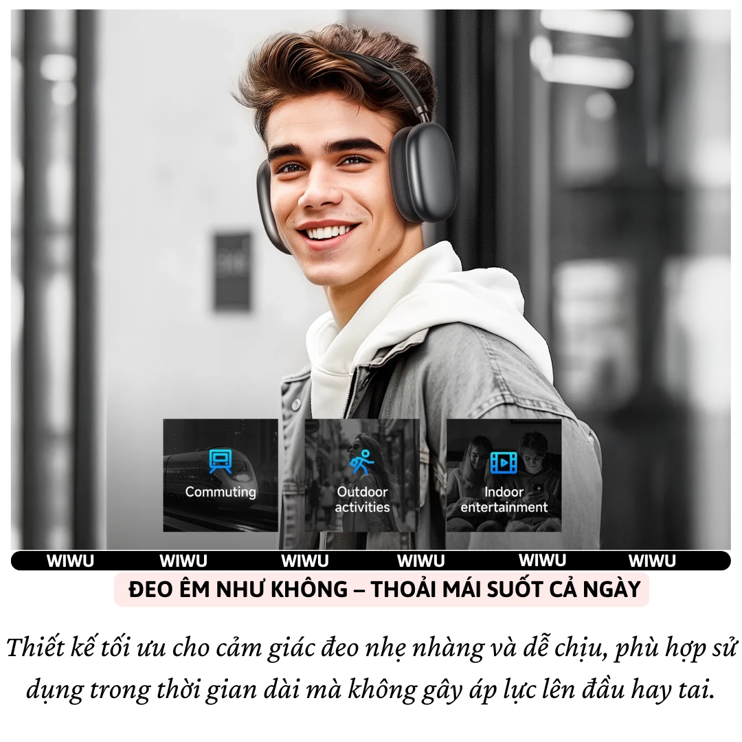 Tai nghe Bluetooth 6.0 công nghệ PureBass không dây WIWU Airbuds Max TD13 - Pin 58H, Đệm Tai Siêu Êm, Bass mạnh, Hỗ trợ khe TF Card, Âm trầm Pure Bass mạnh mẽ - Hàng nhập khẩu