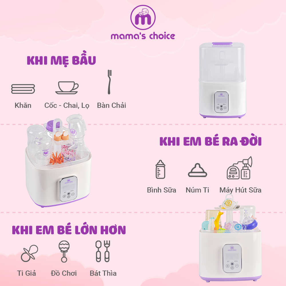 Máy Tiệt Trùng Bình Sữa Mama’s Choice 5in1 Tích Hợp Chức Năng Sấy Khô Phụ Kiện và Hâm Sữa Cho Bé, BH Chính Hãng 12 Tháng