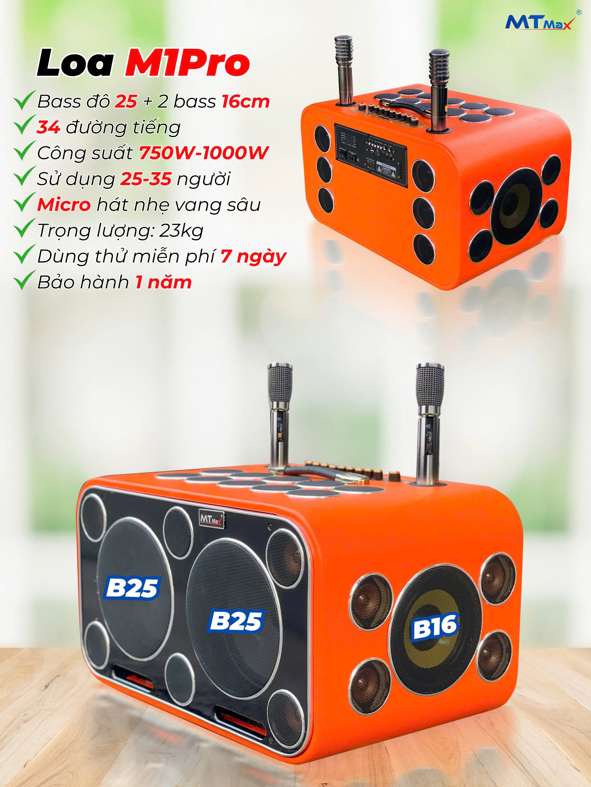 Loa Xách Tay M1 Pro 34 Đường Tiếng Kraoke, Công Suất Cực Đại Siêu Trầm 1000W Mã Lực Bass Cực Mạnh ,34 Loa 2 Bass 25cm Siêu Trầm, Âm Thanh Sáng Ấm, Bluetooth 5.0, AUX, USB, Bộ Xử Lý DSP Echo, Delay, Rever hàng nhập khẩu
