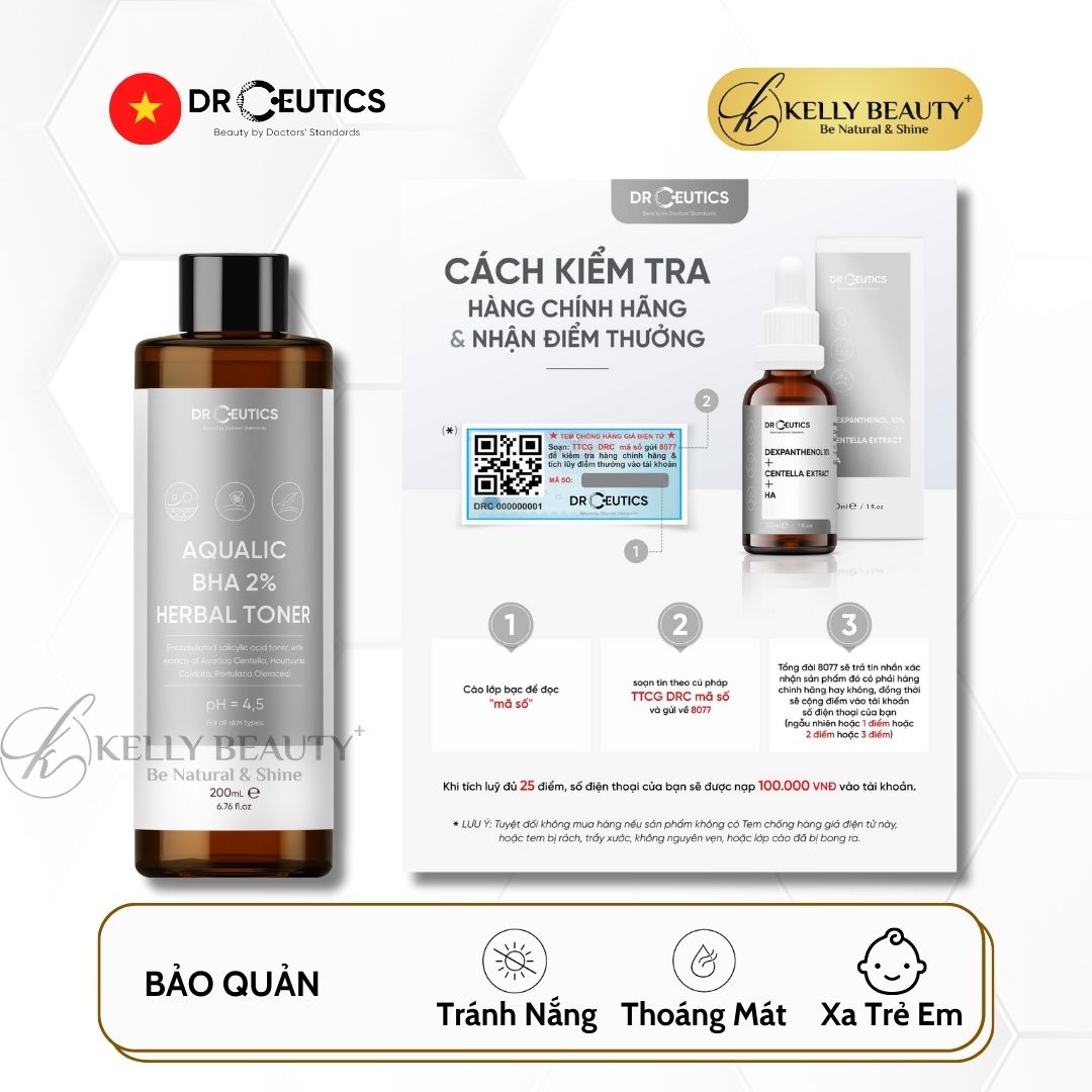 DrCeutics Aqualic BHA 2% Herbal Toner - Giảm Mụn, Ngừa Mụn Tái Phát; Da Sạch Mịn Màng | Kelly Beauty