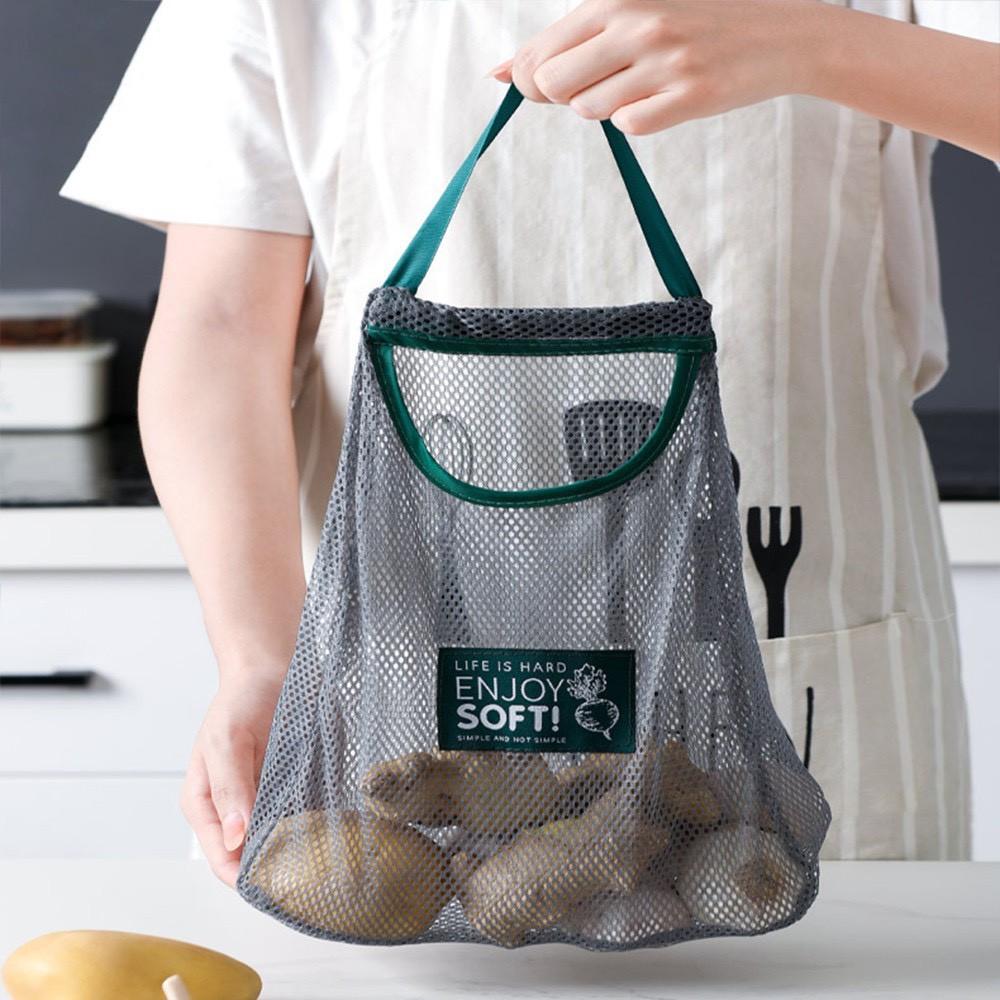 Túi Treo hành tỏi - Lưu Trữ Hành Tỏi Tránh Mốc Lưới Đan ENJOY SOFT, Màu Xanh Xám, Hình Tháp 2 ngăn