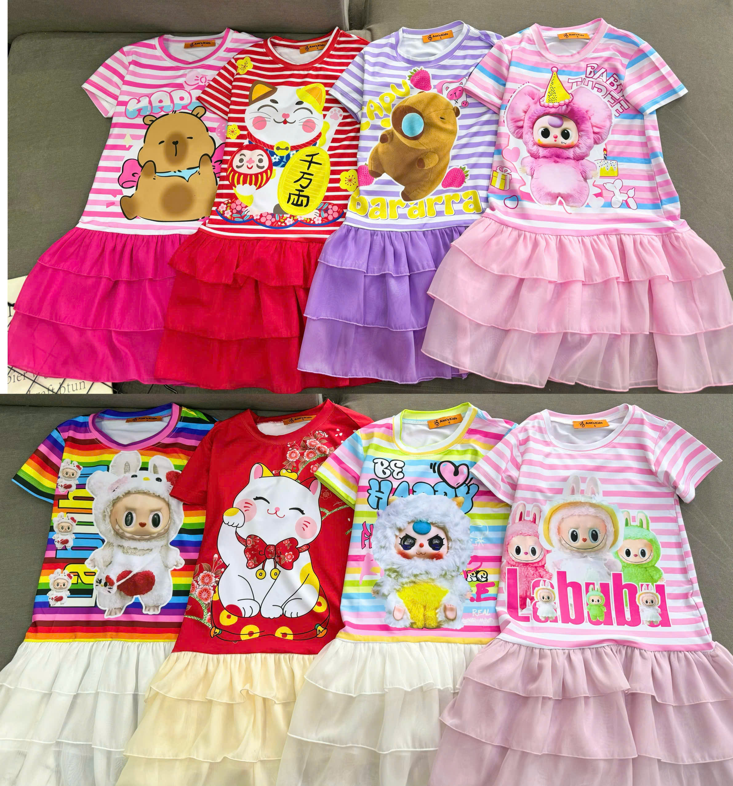 Đầm váy suông cho bé gái diện tết labubu baby three capybara size 12-45kg chất thun lạnh mềm mát