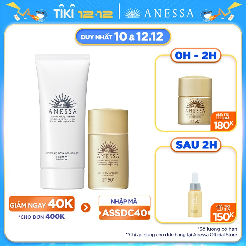 Bộ đôi Kem chống nắng dưỡng trắng dạng gel Anessa Whitening UV Sunscreen Gel 90g + Kem chống nắng dưỡng da dạng sữa bảo vệ hoàn hảo Anessa Perfect UV Sunscreen Skincare Milk SPF 50+ PA++++ 20ml