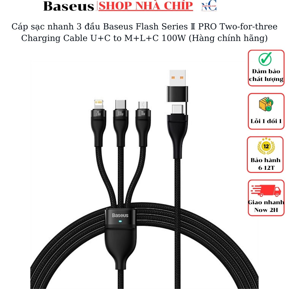 Cáp Sạc Nhanh 3 Đầu Baseus Flash Series Pro Two - For - Three Charging Cable Uc To Mlc 100W Hàng Chính Hãng - Đen