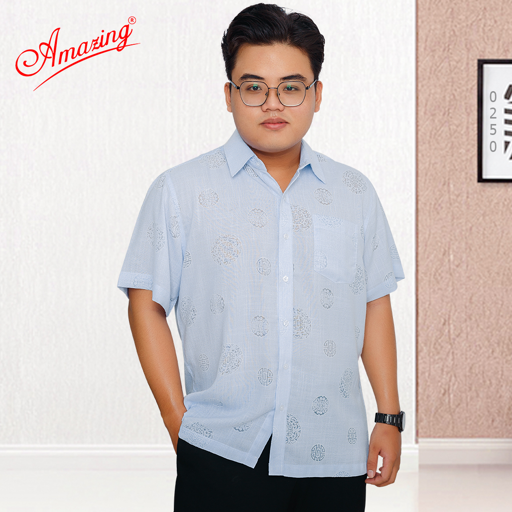 Áo sơ mi nam hoa văn bigsize, dáng rộng, tay ngắn, vạt ngang, hoạ tiết chữ thọ, hiệu Amazing