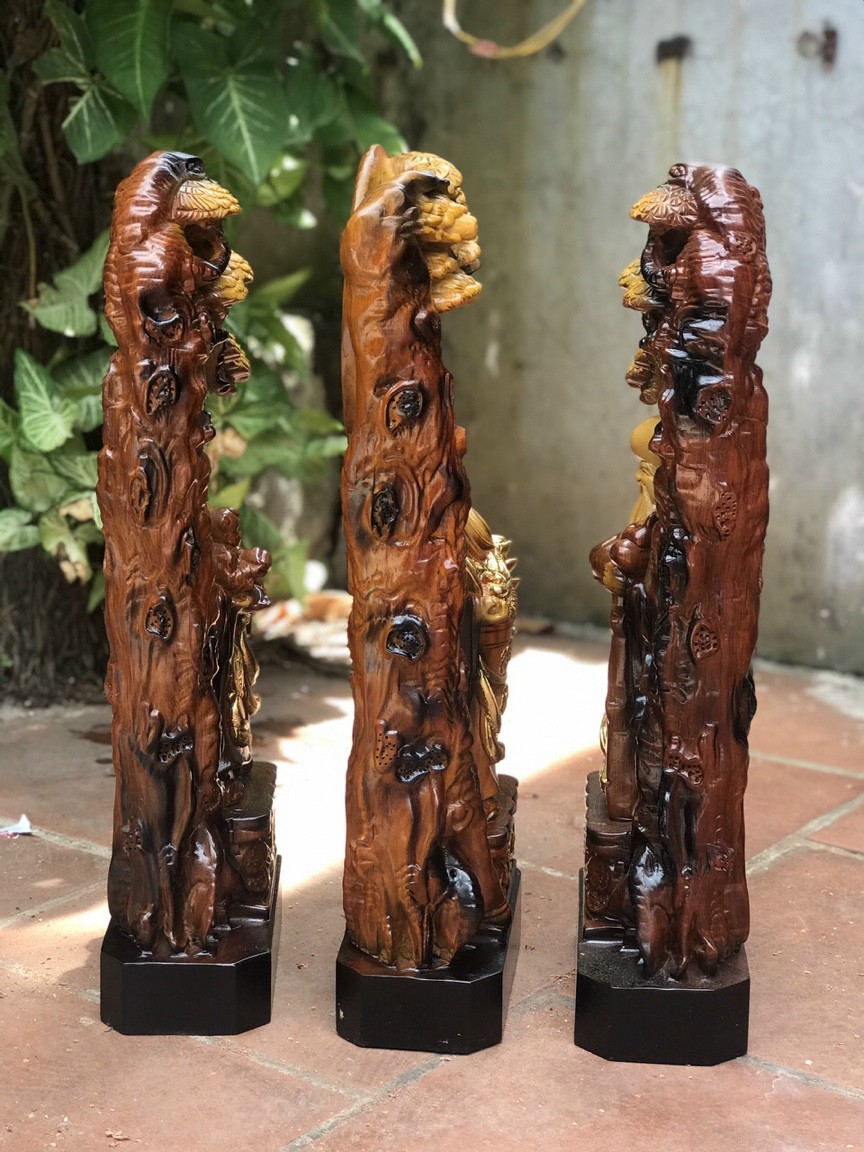 Bộ tượng phật tam đa phúc lộc thọ bằng gỗ hương đá pu tô làm mầu giả cổ kt cao 40×16×8cm