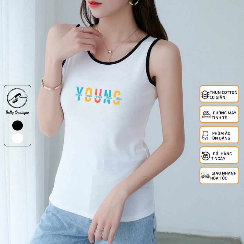 Áo Thun 3 Lỗ Nữ Phối Viền Màu In Chữ Young, Áo Mặc Nhà,Tập Thể Dục Thun Cotton Co Giãn Tốt Sally Boutique-3L05