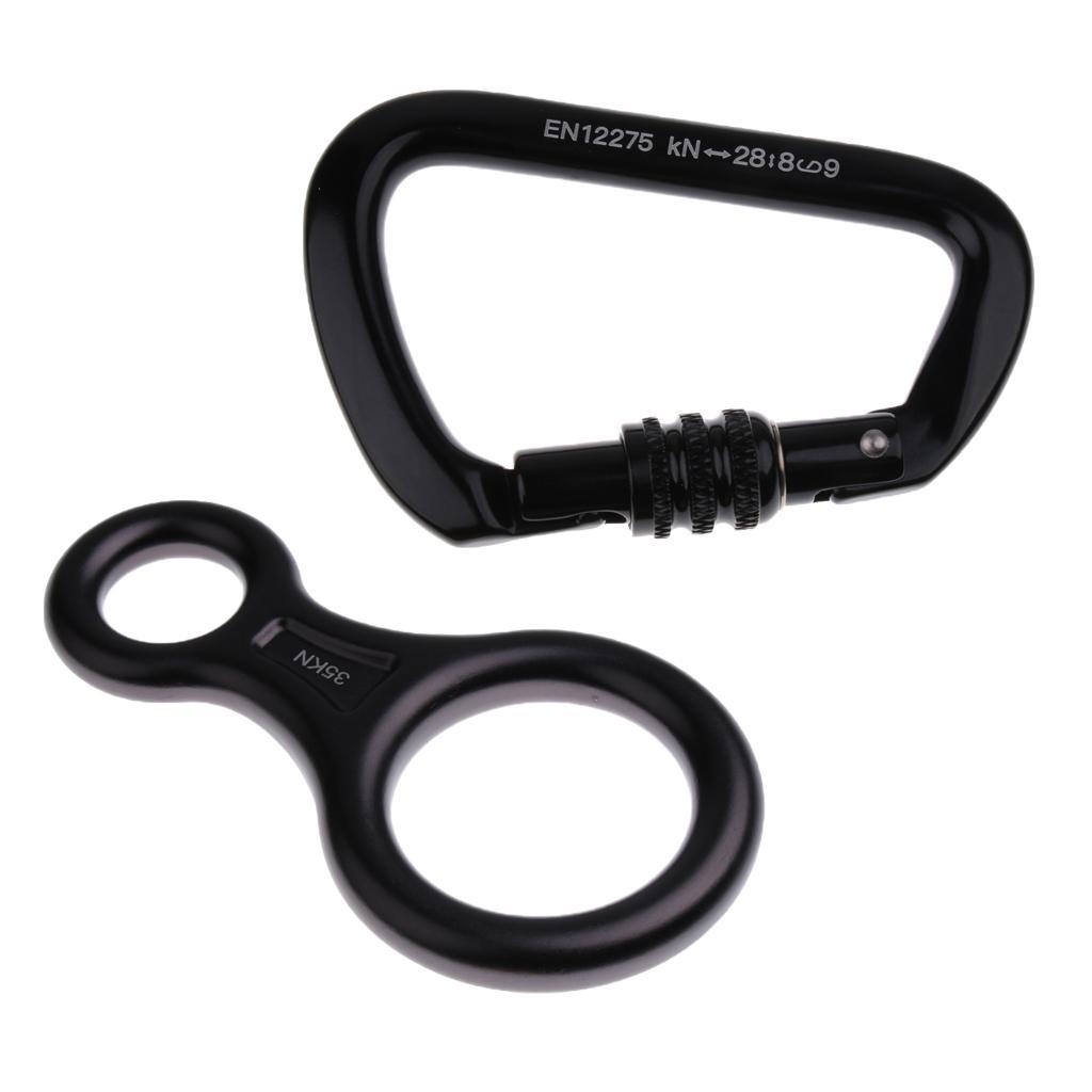 28KN Aluminum Screw Locking Carabiner + Aluminum Alloy Figure 8 Descender Climbing Hardware