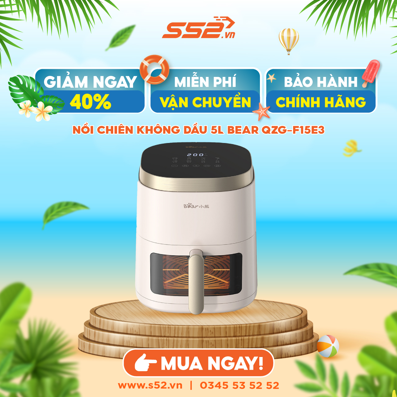 Nồi chiên không dầu 5L Bear QZG-F15E3- Hàng Chính Hãng